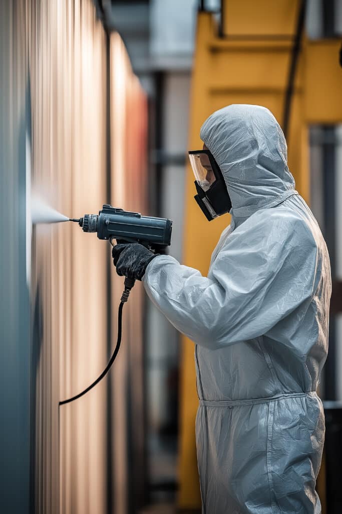 Peinture industrielle : application avec équipement de protection Ouvrier en combinaison de protection et masque pulvérise un matériau sur une surface verticale dans un environnement industriel éclairé.