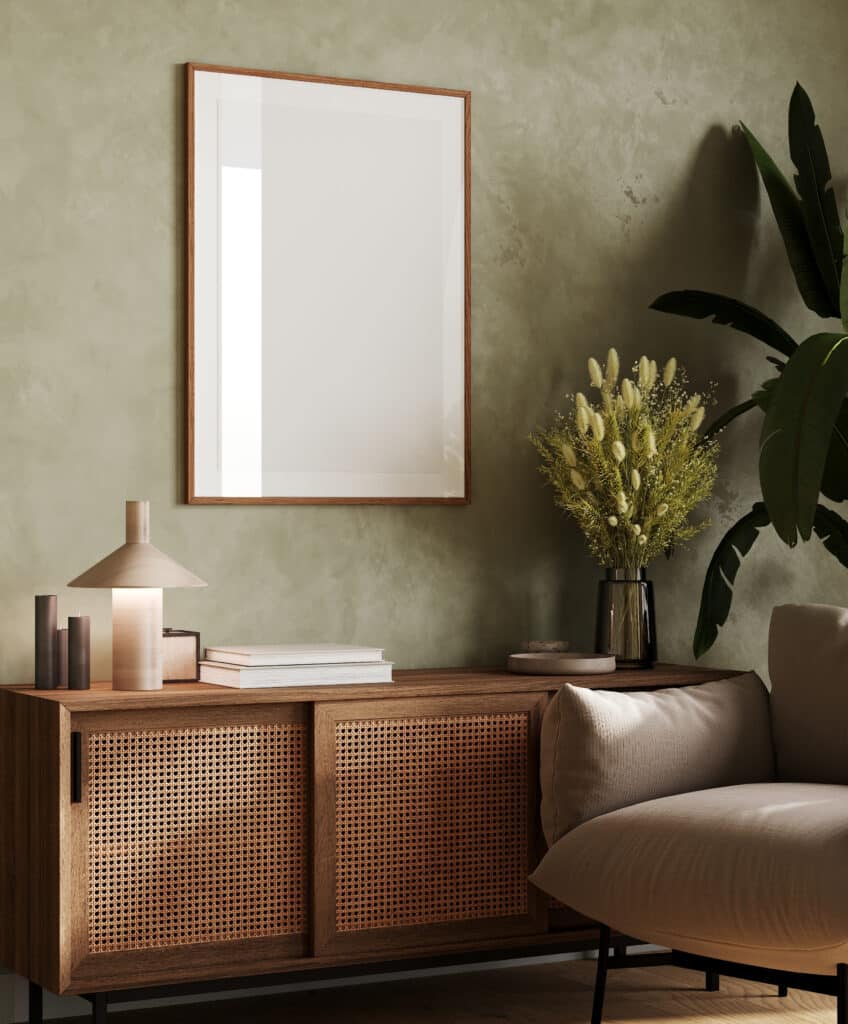 Décor Salon Moderne : Console Cannage et Mur Texturé Console en cannage et bois foncé sous un grand cadre vierge, avec lampe en bois, livres et plante sèche, sur fond vert sauge texturé.