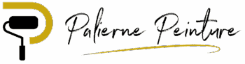 Logo Palierne Peinture : rouleau à peinture noir intégré dans un 'P' stylisé doré, avec nom en écriture manuscrite noire et souligné d'un trait doré.