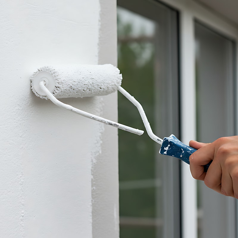 Main appliquant une peinture blanche mate sur un mur extérieur texturé avec un rouleau, près d'une fenêtre blanche.