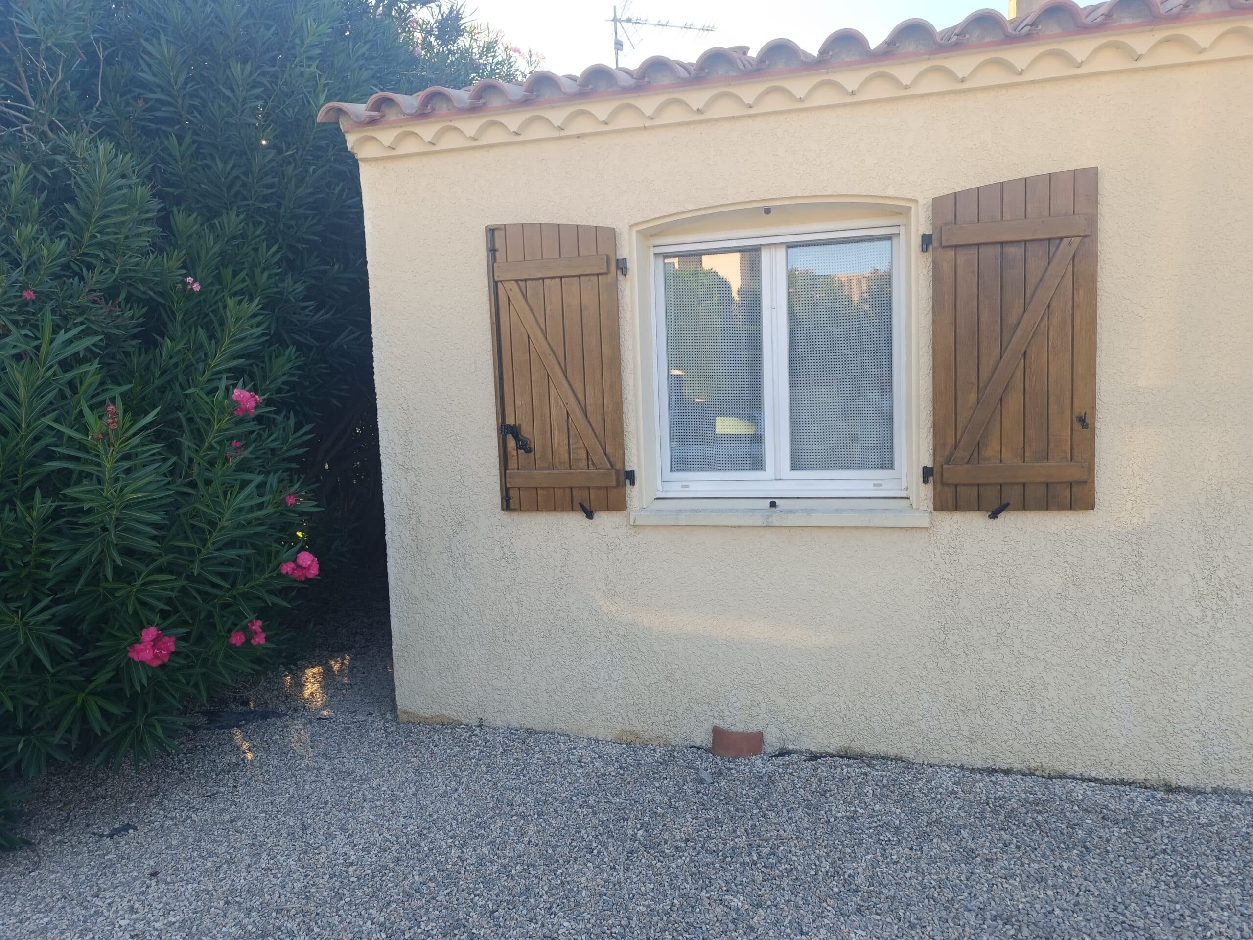 Fenêtre à moustiquaire avec volets en bois sur façade méditerranéenne beige et laurier-rose fleuri.